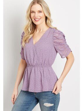 Maurices Top Plus Size 1X Faux Wrap Polka Dot Ruched Sleeve Lavender White Lined